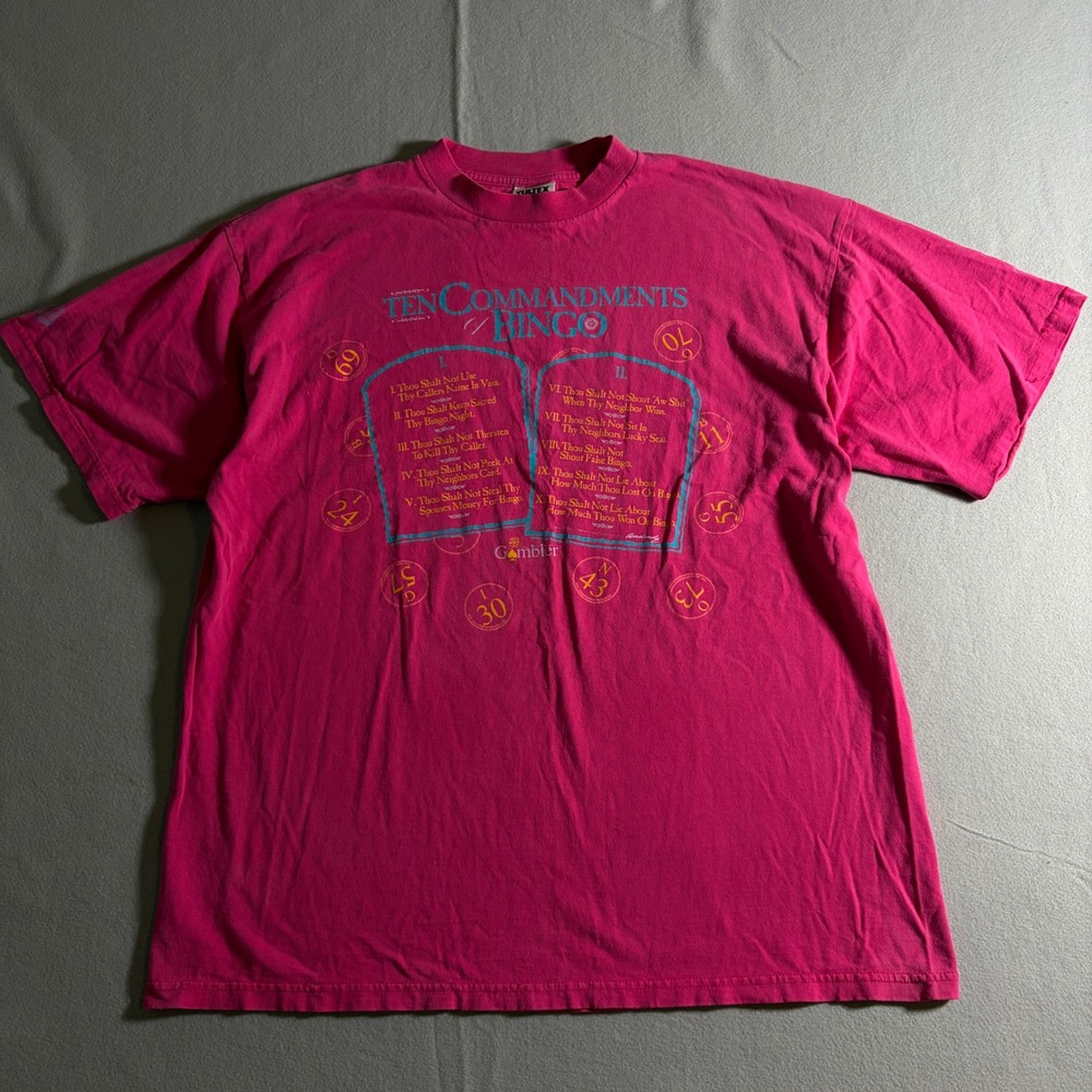 Vintage Tultex 90s Ten Commandments of Bingo Pink Graphic T-Shirt‎ 2XL Las Vegas